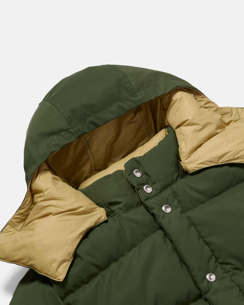 Close-up of zip and snap front on olive Crescent cotton nylon parka