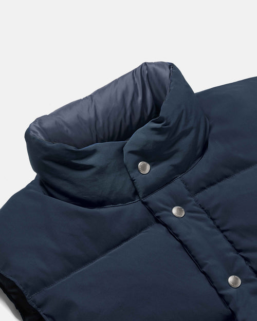 Close-up of snap front on navy Crescent cotton nylon vest