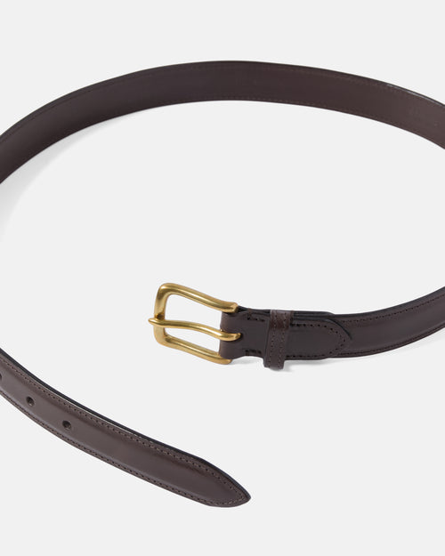 Back view of dark brown Beorma self lined bridle leather belt showing lining