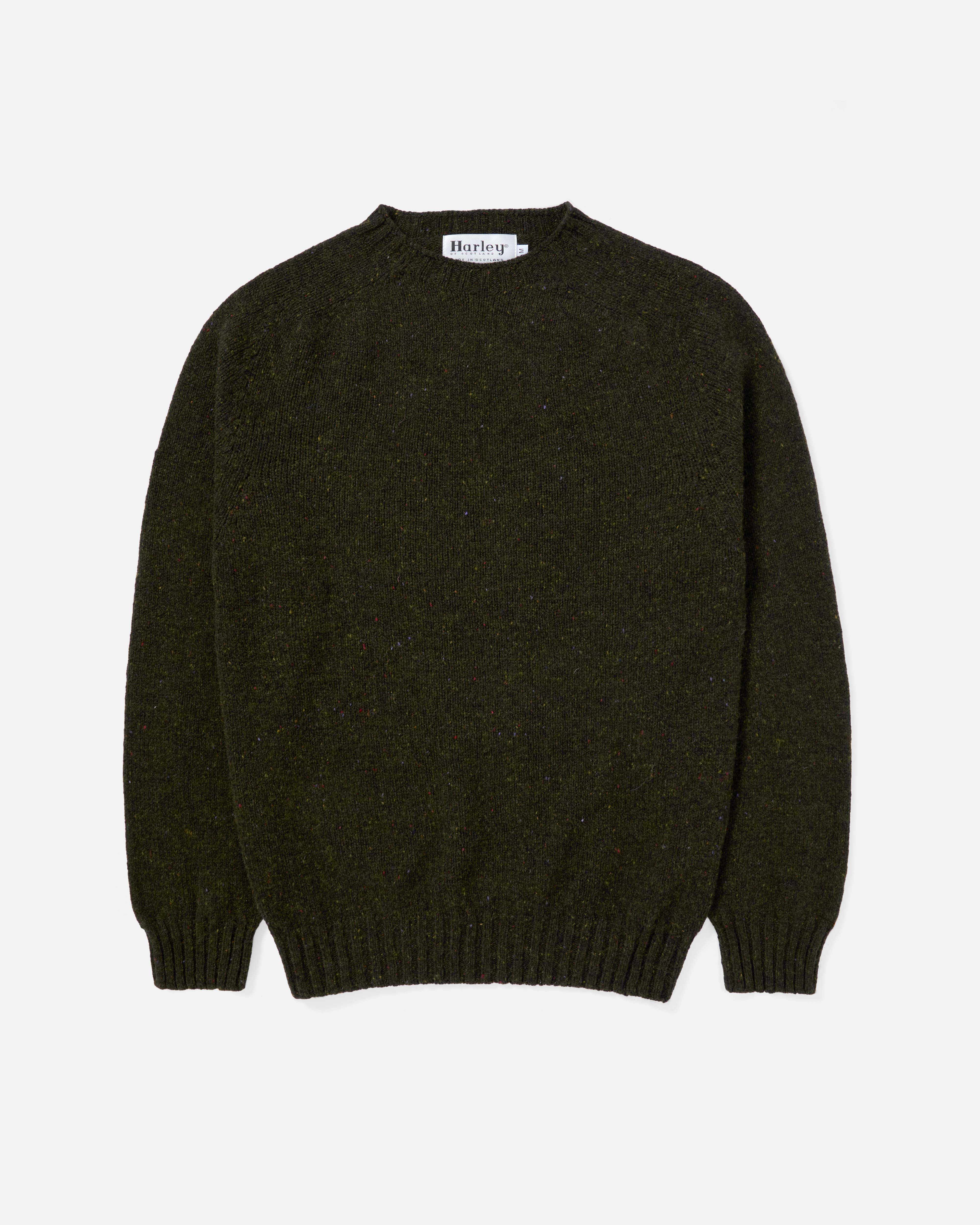 Front view of olive Harley Donegal Crew Neck