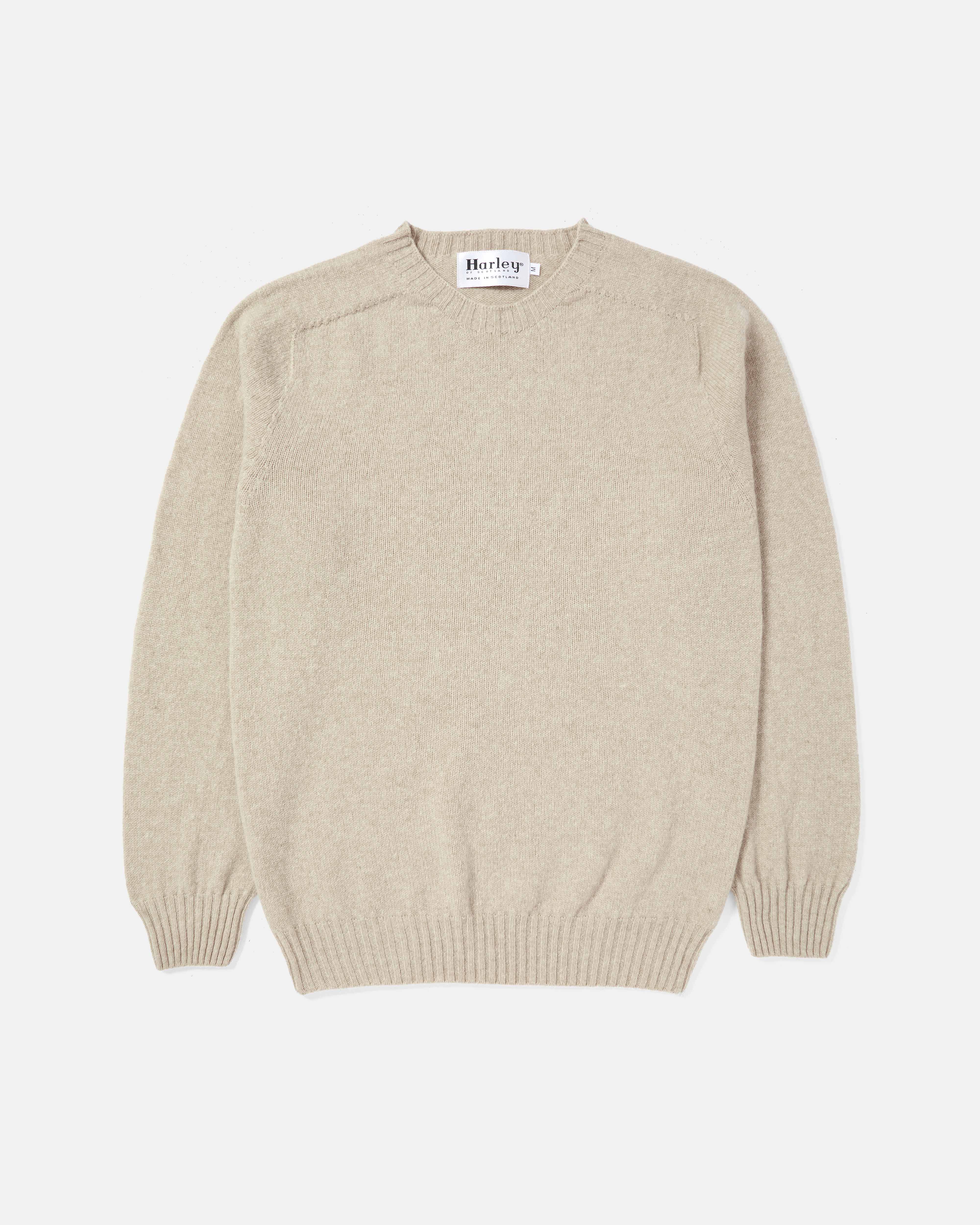 Front view of oatmeal Harley Superfine Lambswool Crew Neck