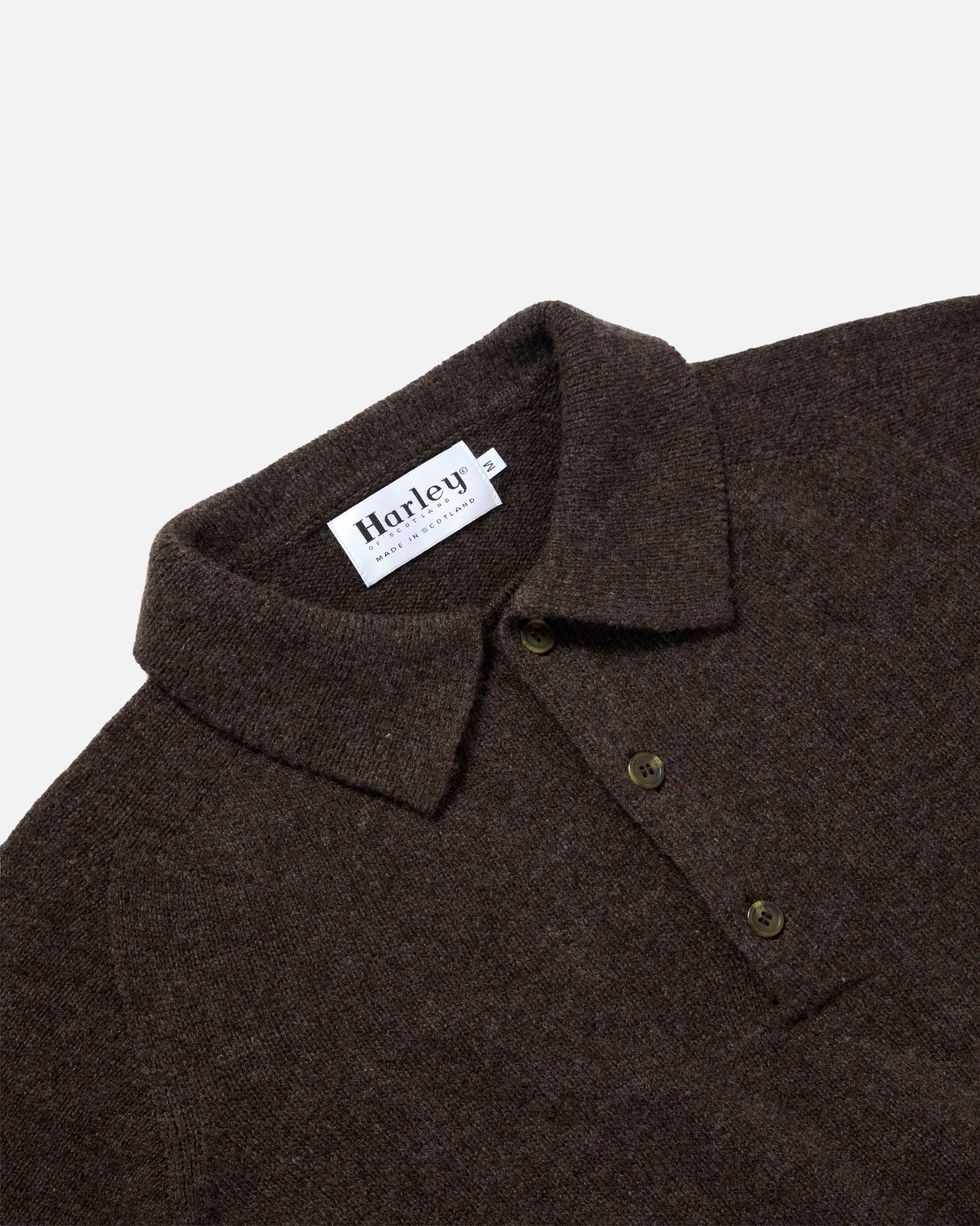 Close-up of collar and button detail on brown Harley Superfine Lambswool Polo