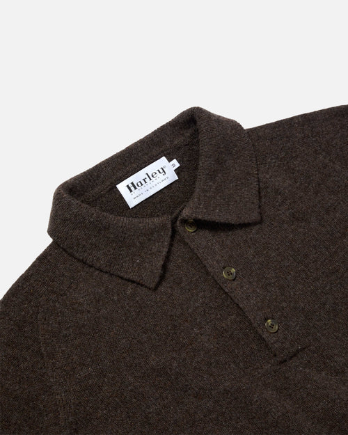 Close-up of collar and button detail on brown Harley Superfine Lambswool Polo