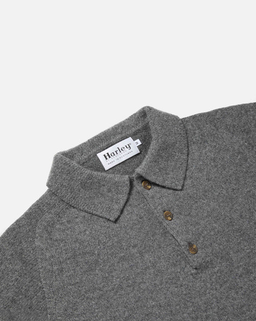 Close-up of collar and button detail on grey Harley Superfine Lambswool Polo