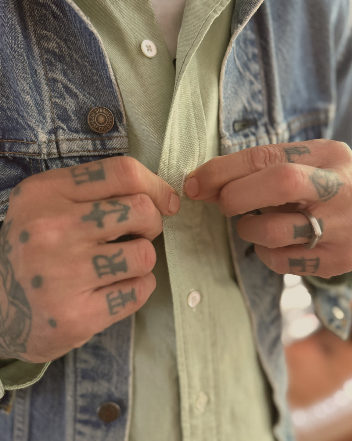 Lifestyle detail of Kamakura Miles Davis green Oxford button-down shirt in the Something Old Something New editorial series