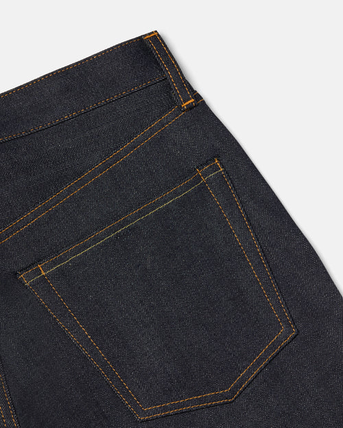 Close-up of back pocket detail on blue Kamakura Take Ivy selvedge denim jeans