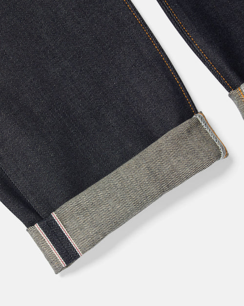 Close-up of selvedge denim fabric on blue Kamakura Take Ivy jeans