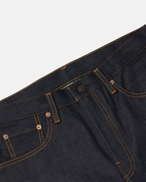 Close-up of waistband and button closure on blue Kamakura Take Ivy selvedge jeans