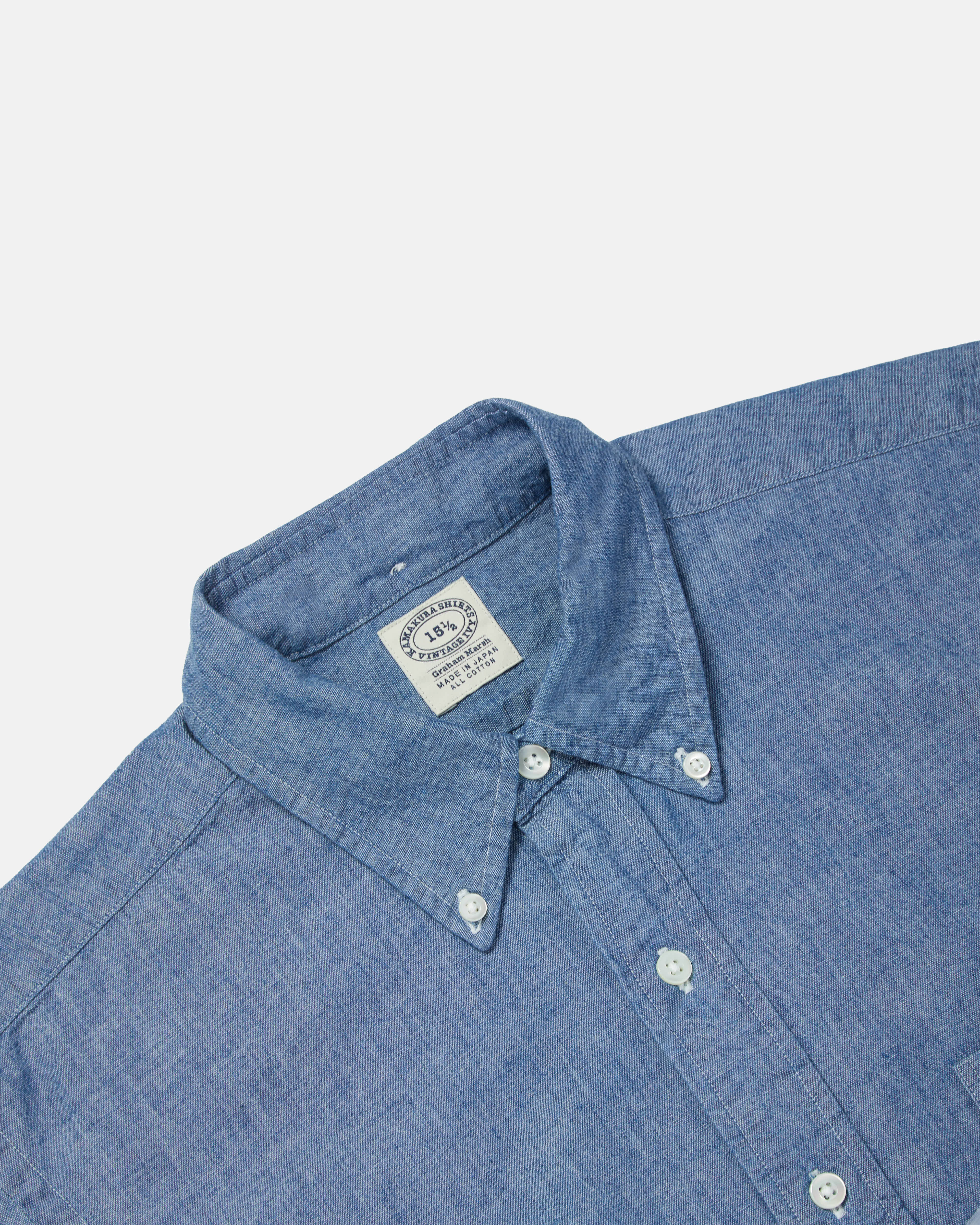 Close-up of button-down collar on blue Kamakura Vintage Ivy chambray shirt