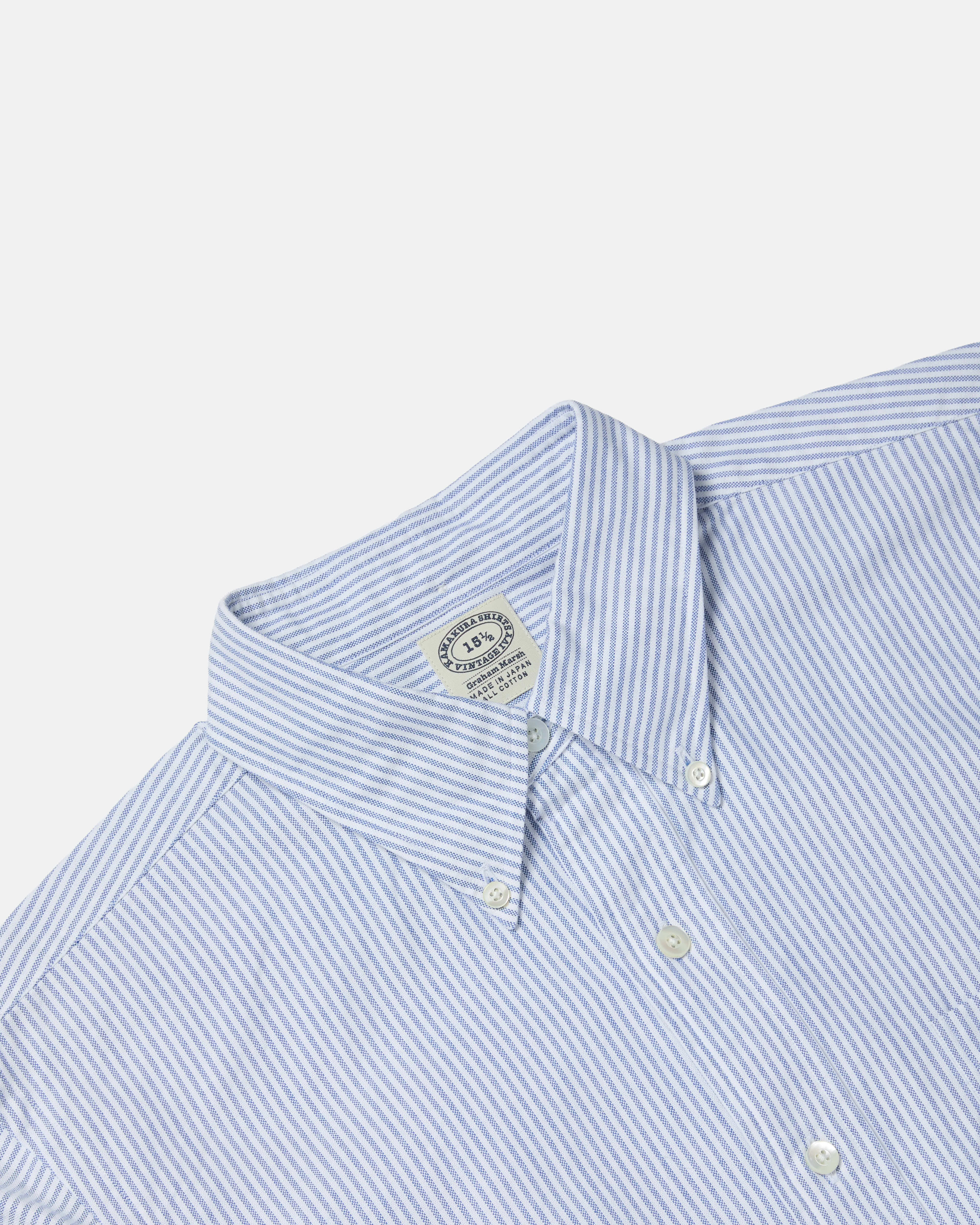 Close-up of button-down collar on blue striped Kamakura Vintage Ivy Oxford shirt