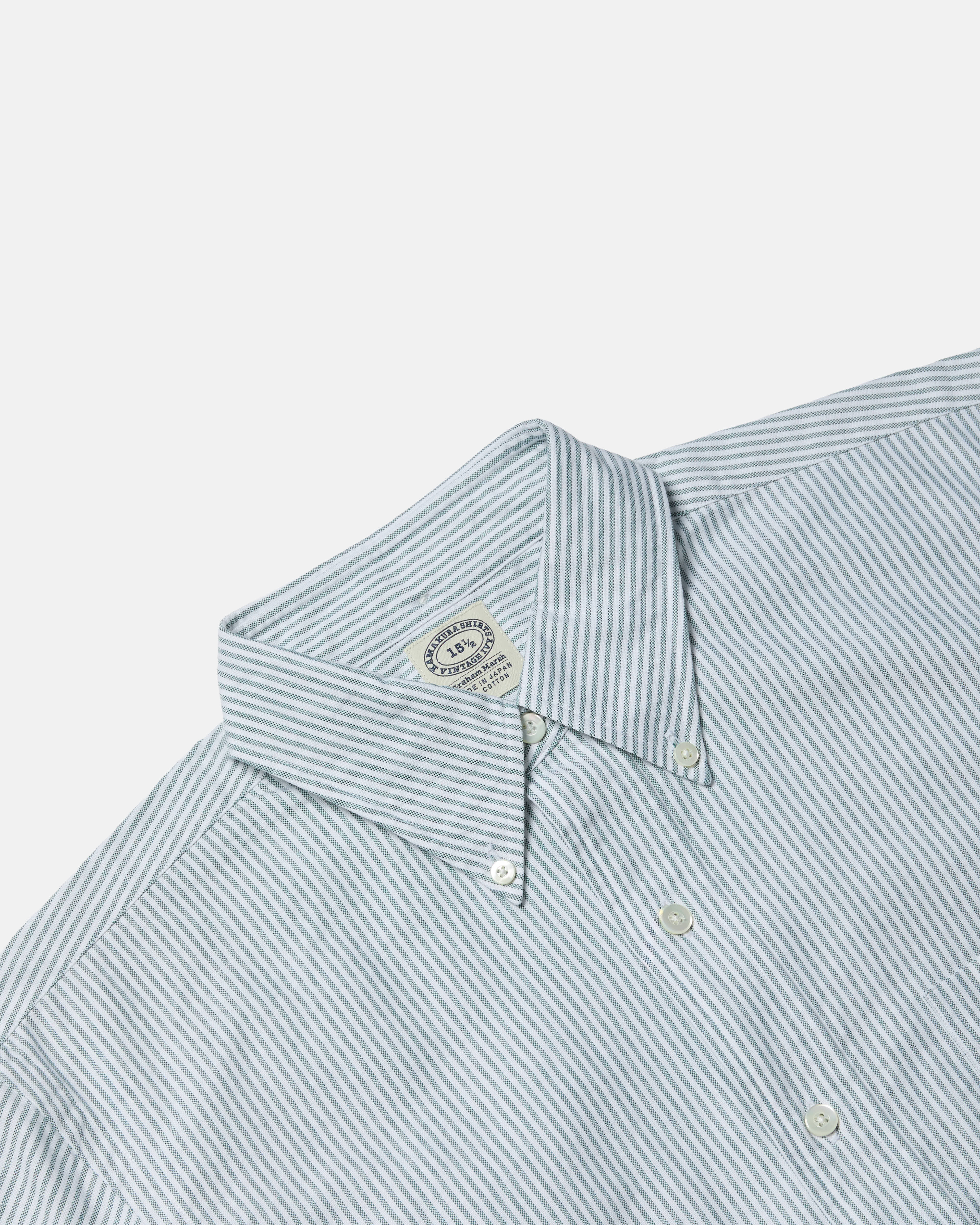Close-up of button-down collar on green striped Kamakura Vintage Ivy Oxford shirt