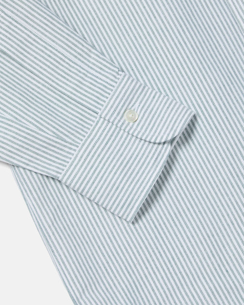 Close-up of cuff detail on green striped Kamakura Vintage Ivy Oxford shirt