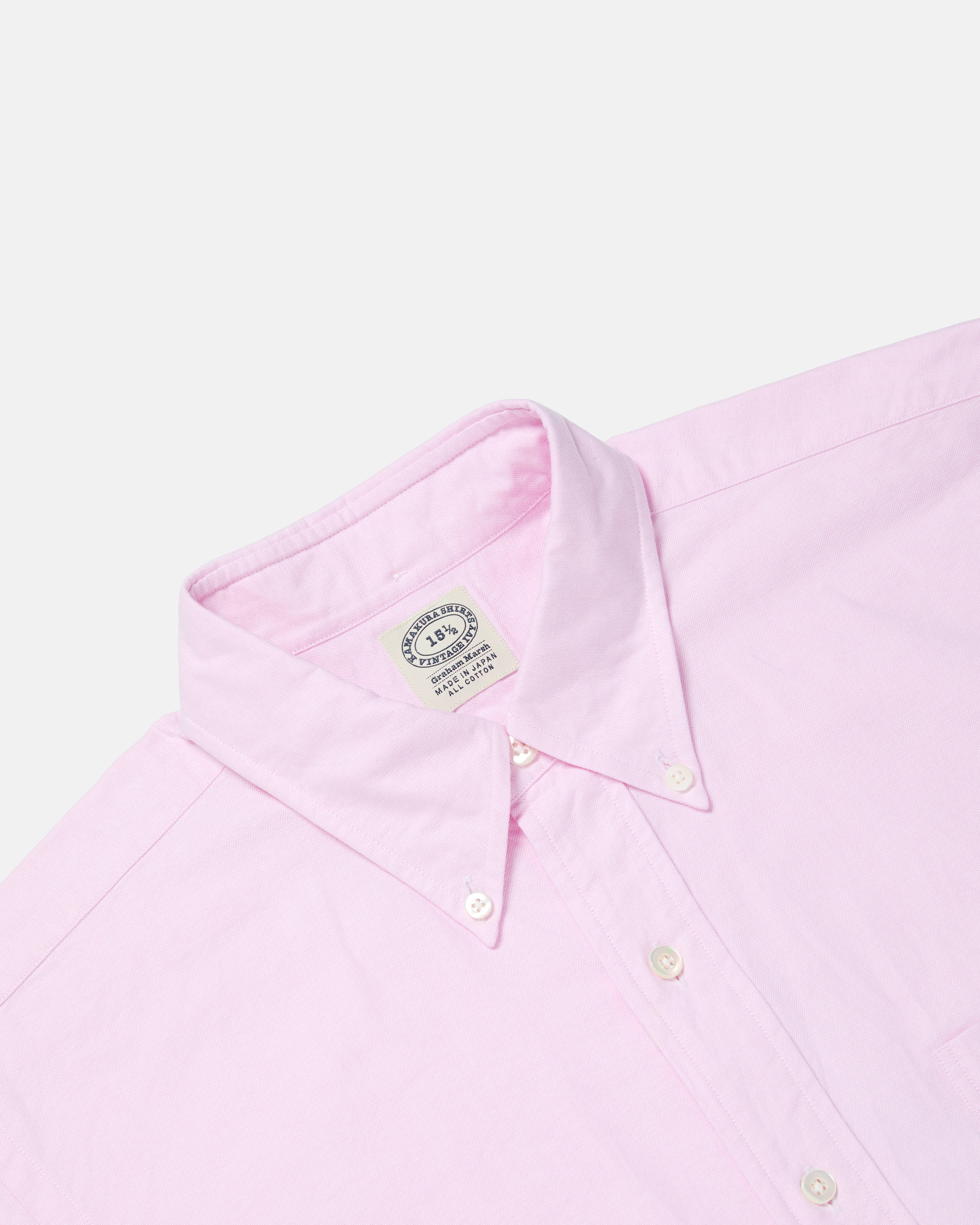 Close-up of button-down collar on pink Kamakura Vintage Ivy Oxford shirt