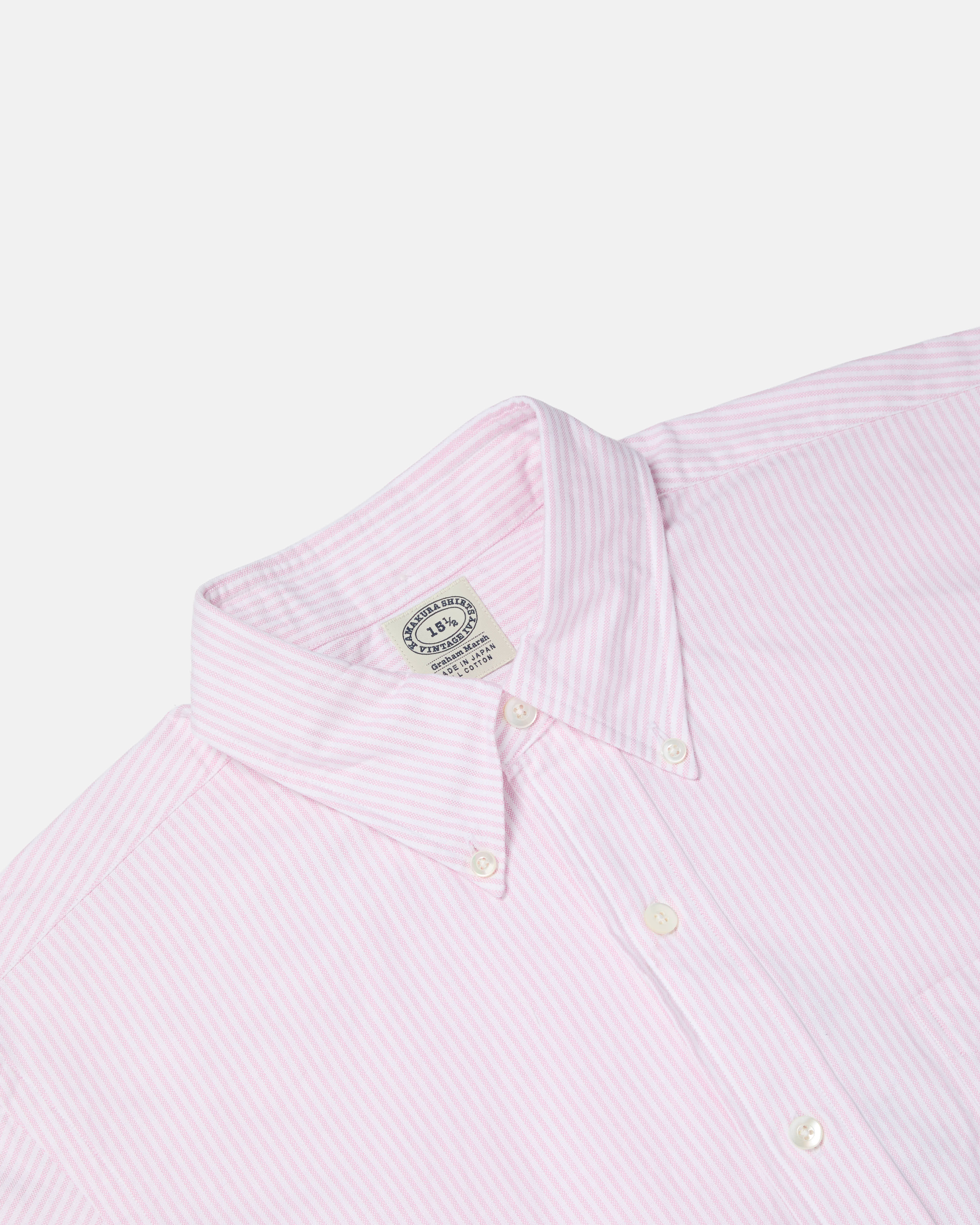 Close-up of button-down collar on pink striped Kamakura Vintage Ivy Oxford shirt