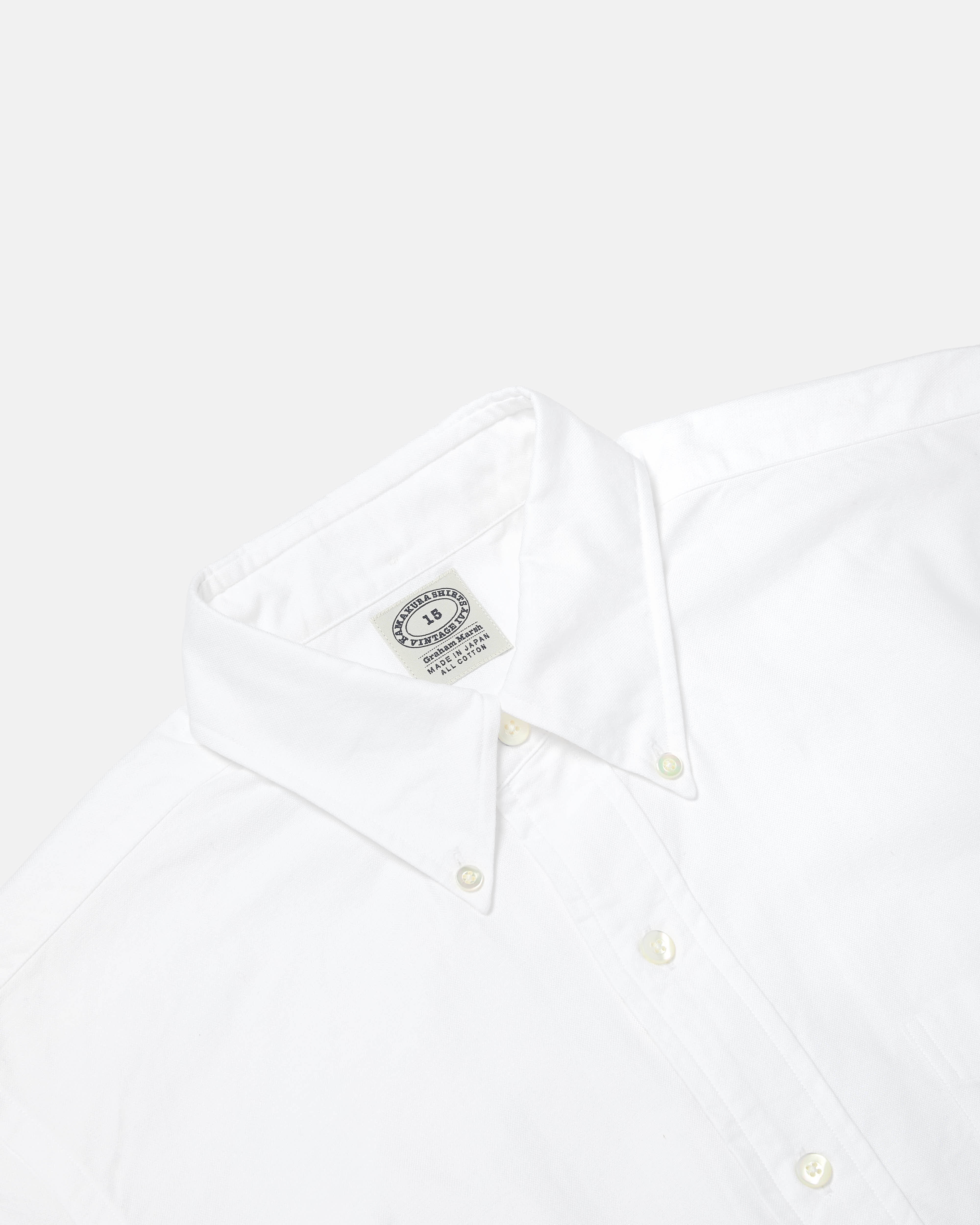 Close-up of button-down collar on white Kamakura Vintage Ivy Oxford shirt
