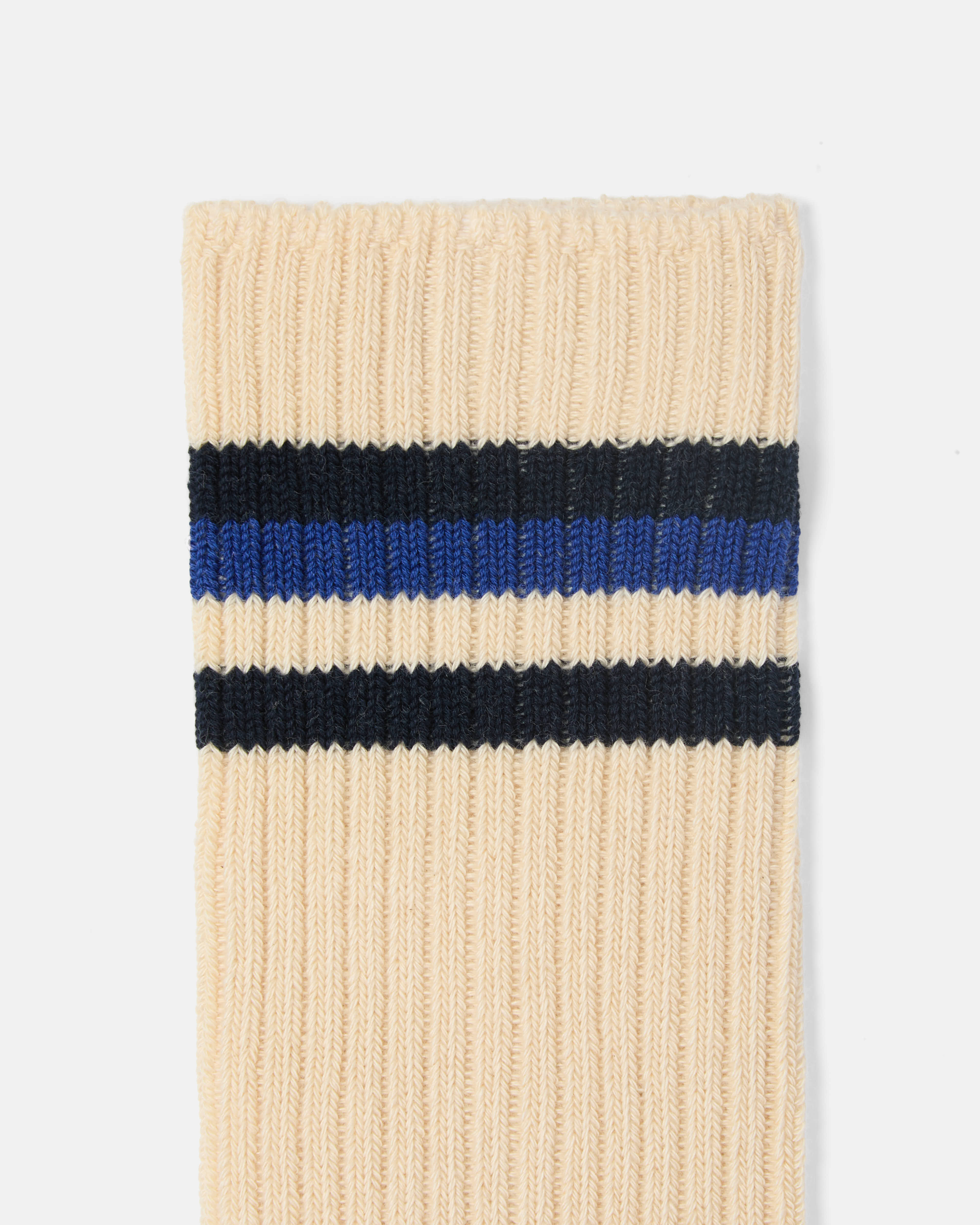 Close-up of blue and black stripe pattern on Kamakura Vintage Ivy socks
