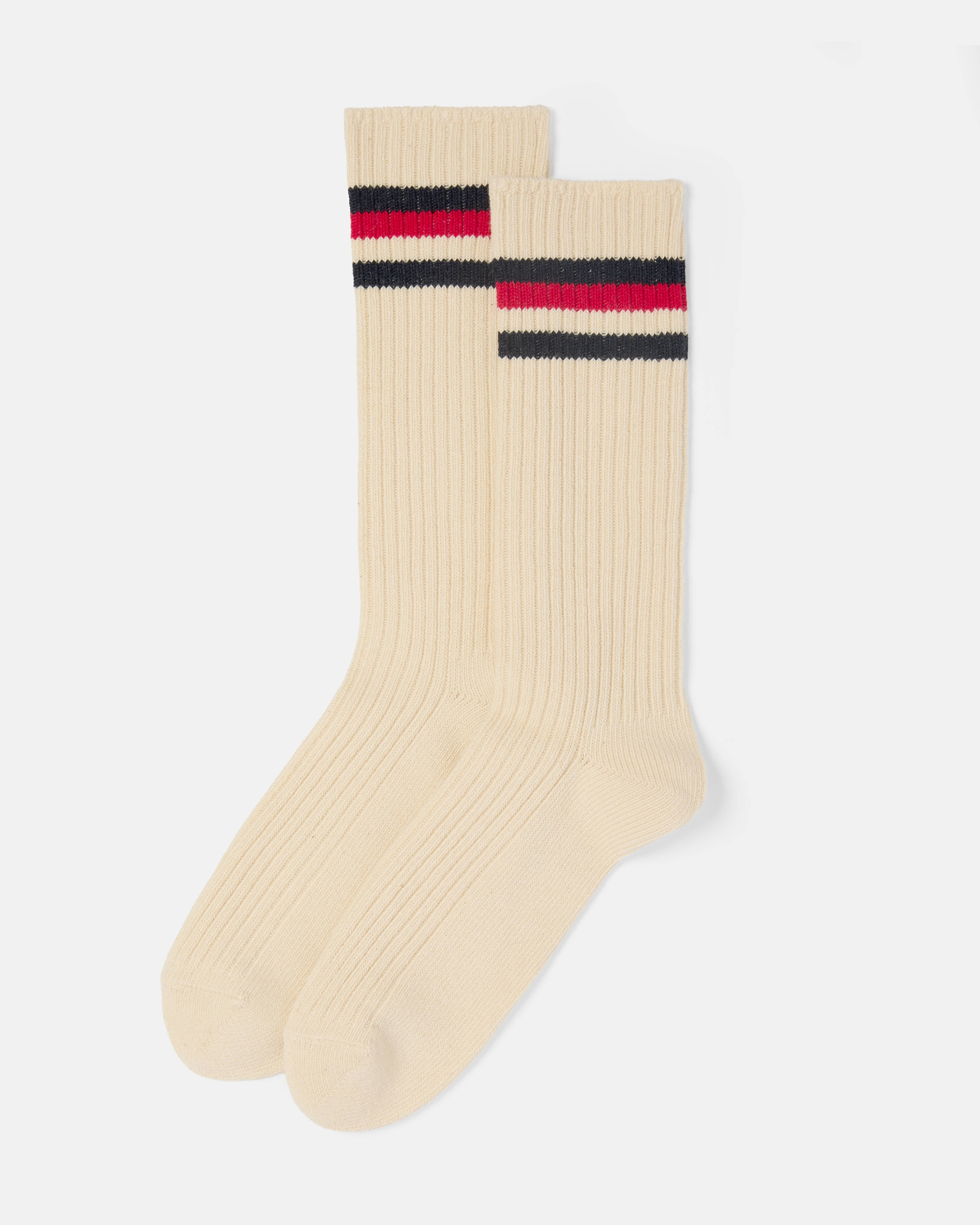 Red and black Kamakura Vintage Ivy striped cotton socks front view