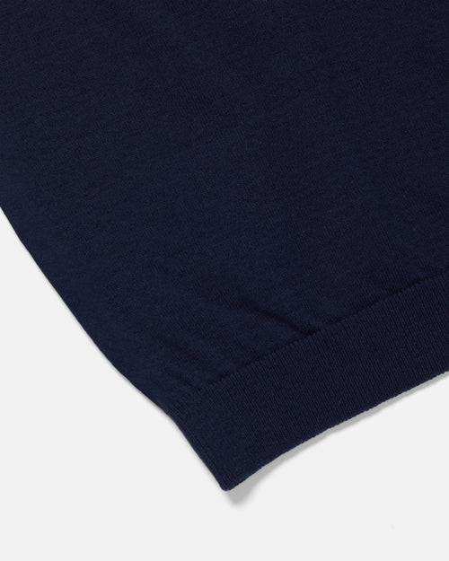 Close-up of knit texture and stitching on navy Mooncastle Ice Cotton tee