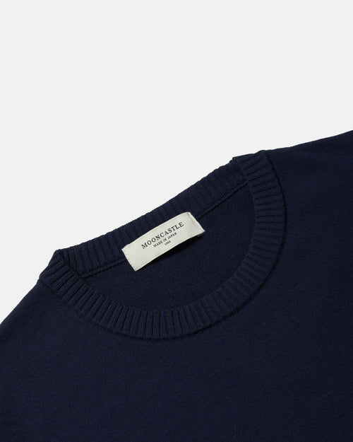 Close-up of crewneck collar on navy Mooncastle Ice Cotton tee