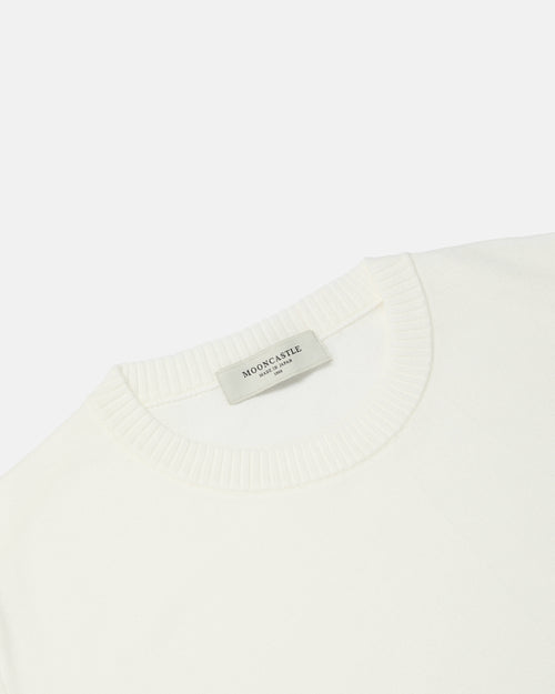 Close-up of crewneck collar on off-white Mooncastle Ice Cotton tee