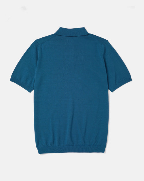 Back view of blue Mooncastle Ice Cotton knit polo shirt