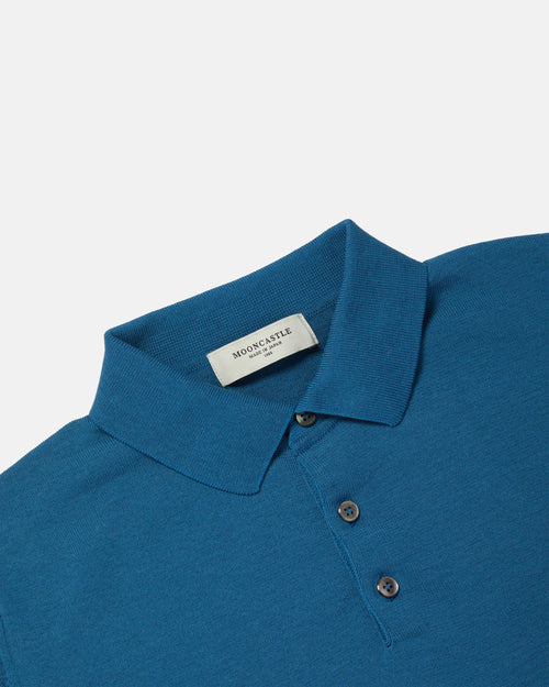 Close-up of collar and placket on blue Mooncastle Ice Cotton knit polo shirt