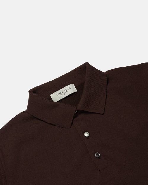 Close-up of collar and placket on brown Mooncastle Ice Cotton knit polo shirt