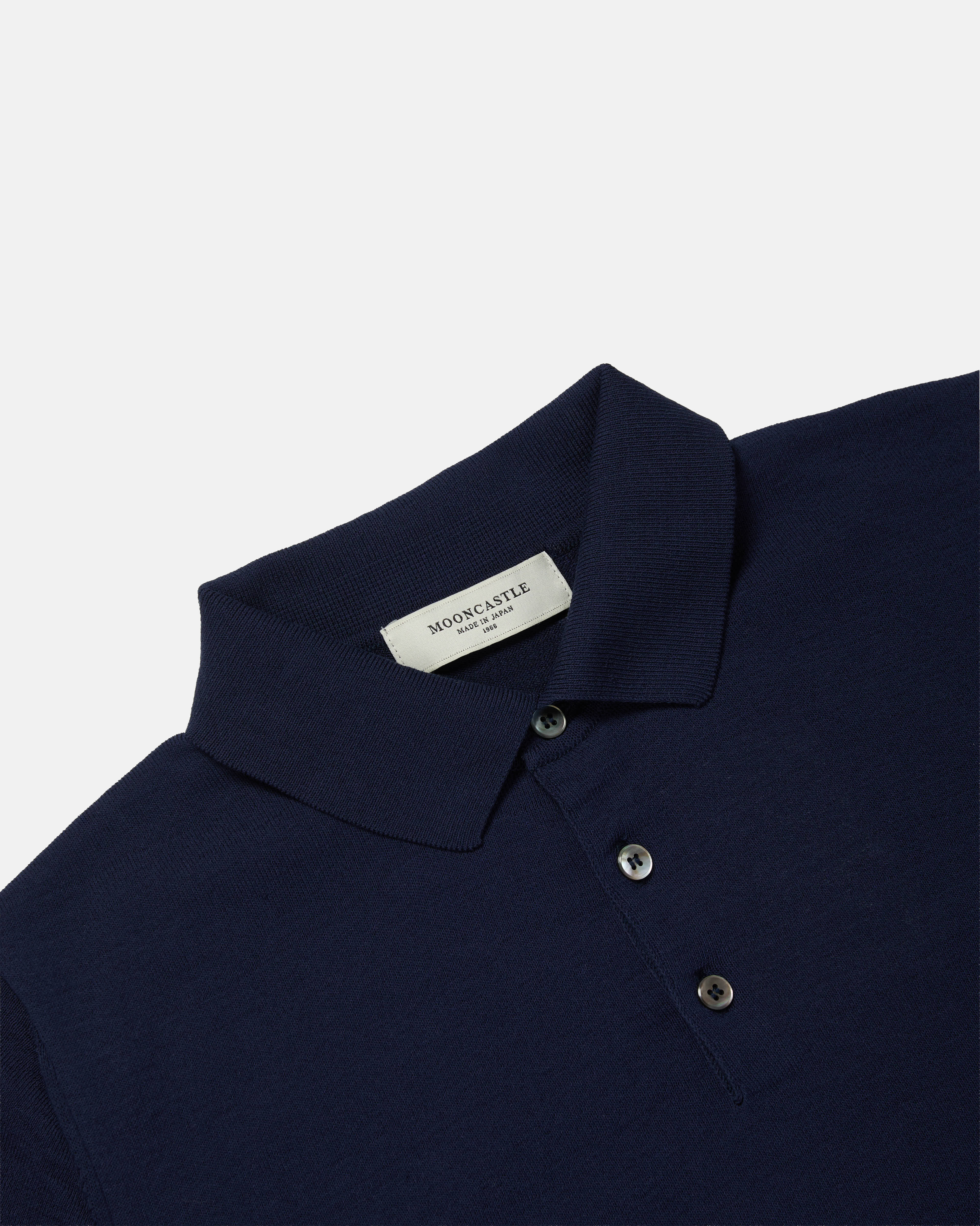 Close-up of collar and placket on navy Mooncastle Ice Cotton knit polo shirt