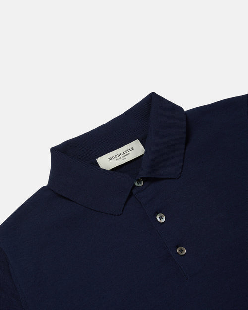 Close-up of collar and placket on navy Mooncastle Ice Cotton knit polo shirt