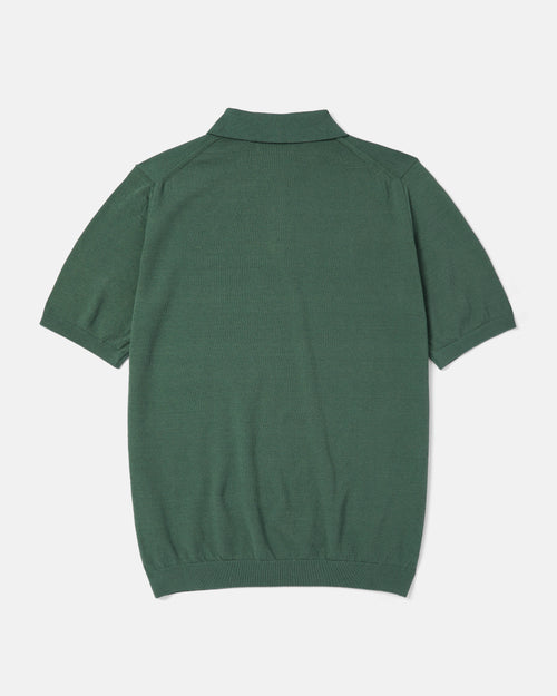 Back view of olive Mooncastle Ice Cotton knit polo shirt