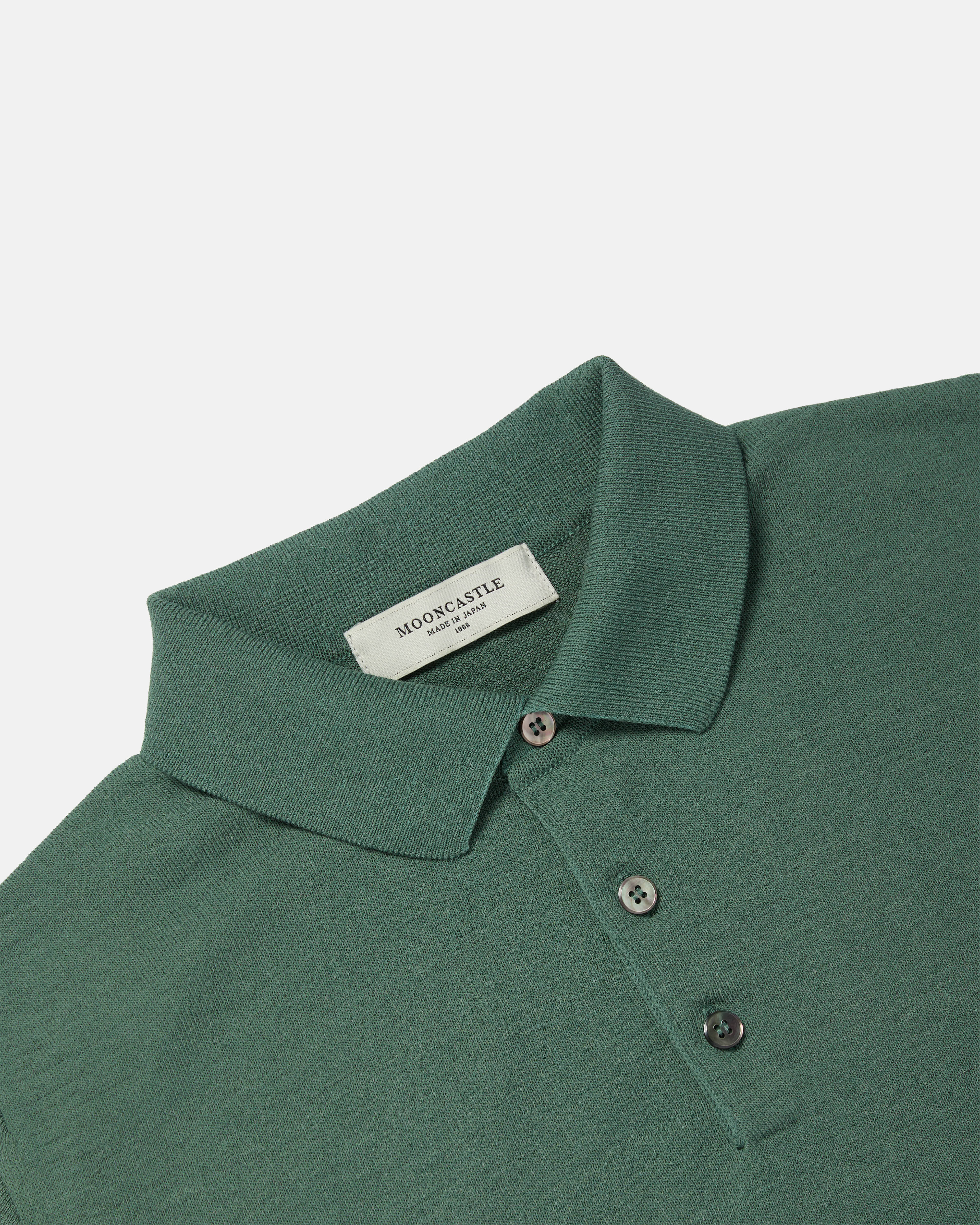 Close-up of collar and placket on olive Mooncastle Ice Cotton knit polo shirt