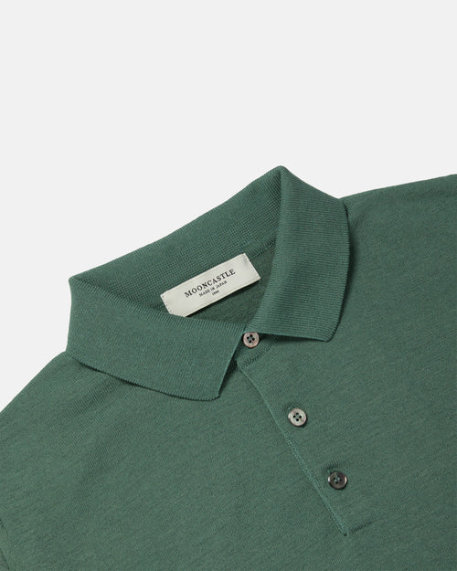 Close-up of collar and placket on olive Mooncastle Ice Cotton knit polo shirt