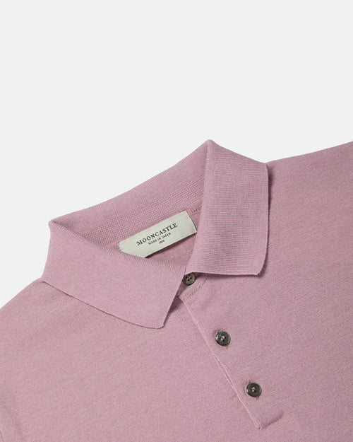 Close-up of collar and placket on sakura pink Mooncastle Ice Cotton knit polo shirt