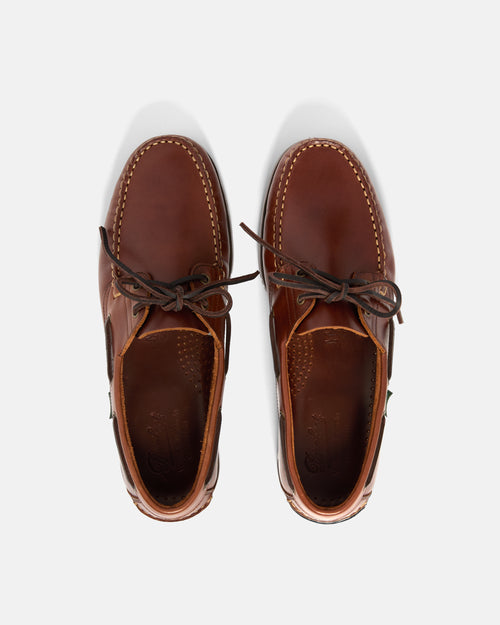 Top view showing lacing detail on brown Paraboot Barth boat shoe