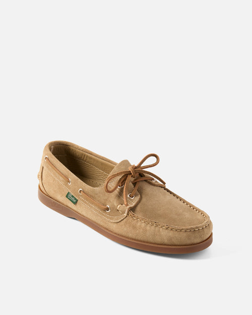 Angled view of beige Paraboot Barth velours suede boat shoe