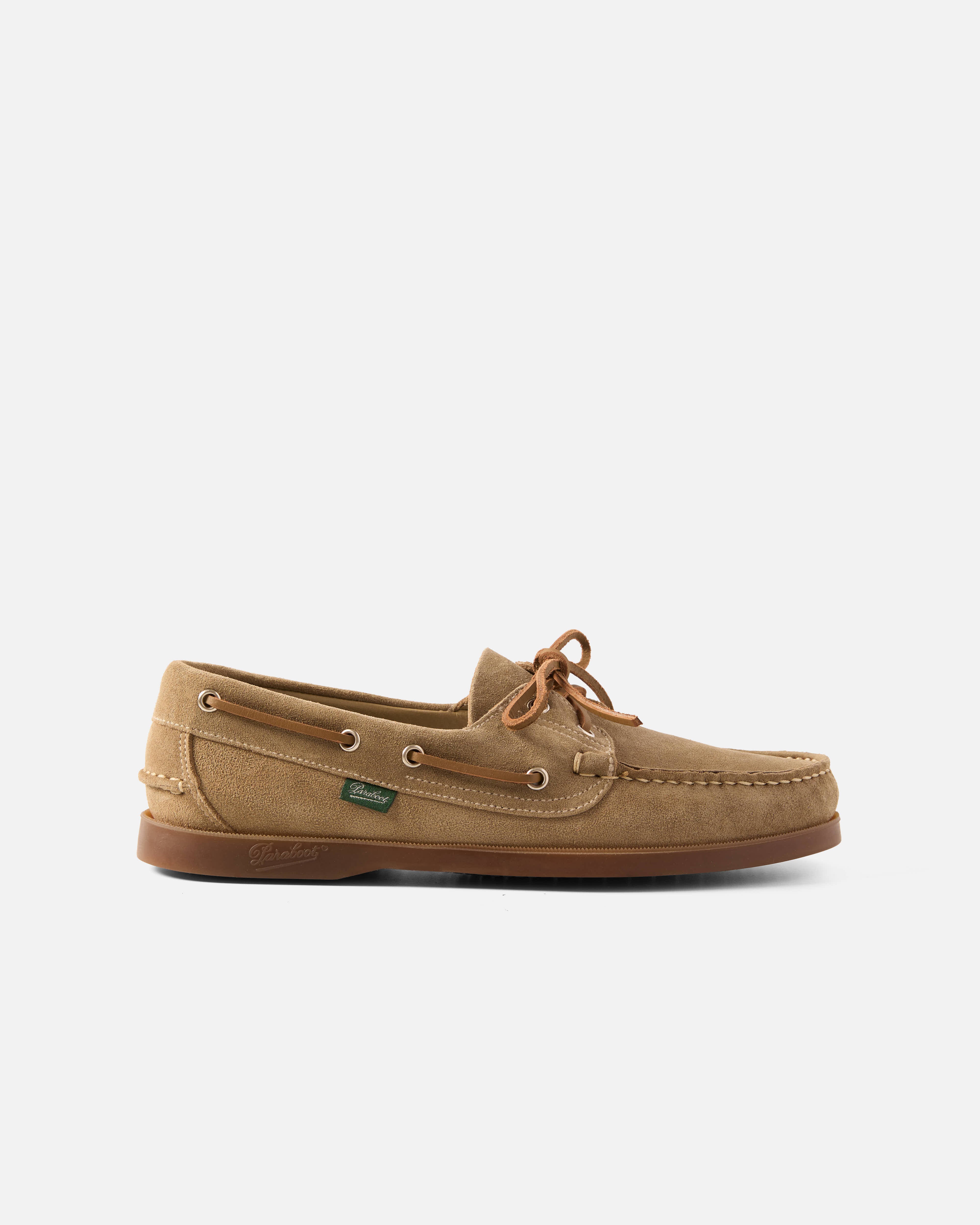 Side view of beige Paraboot Barth velours suede boat shoe