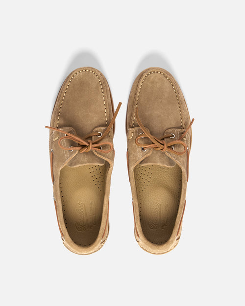 Top view of beige Paraboot Barth suede boat shoe showing lacing