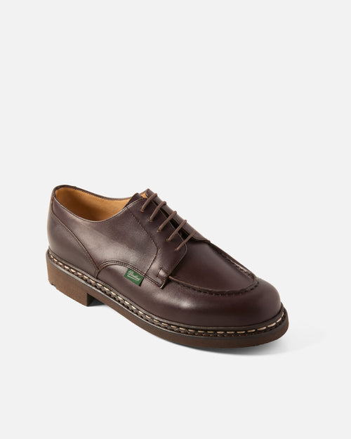 Side view of brown Paraboot Chambord leather derby shoe
