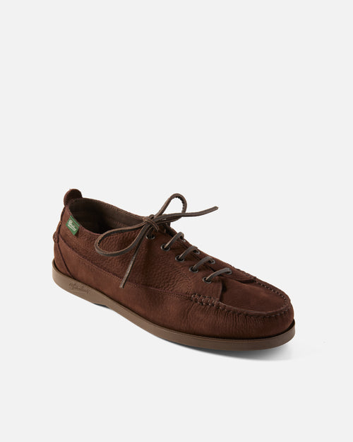 Angled view of brown Paraboot Malibu nubuck leather boat shoe