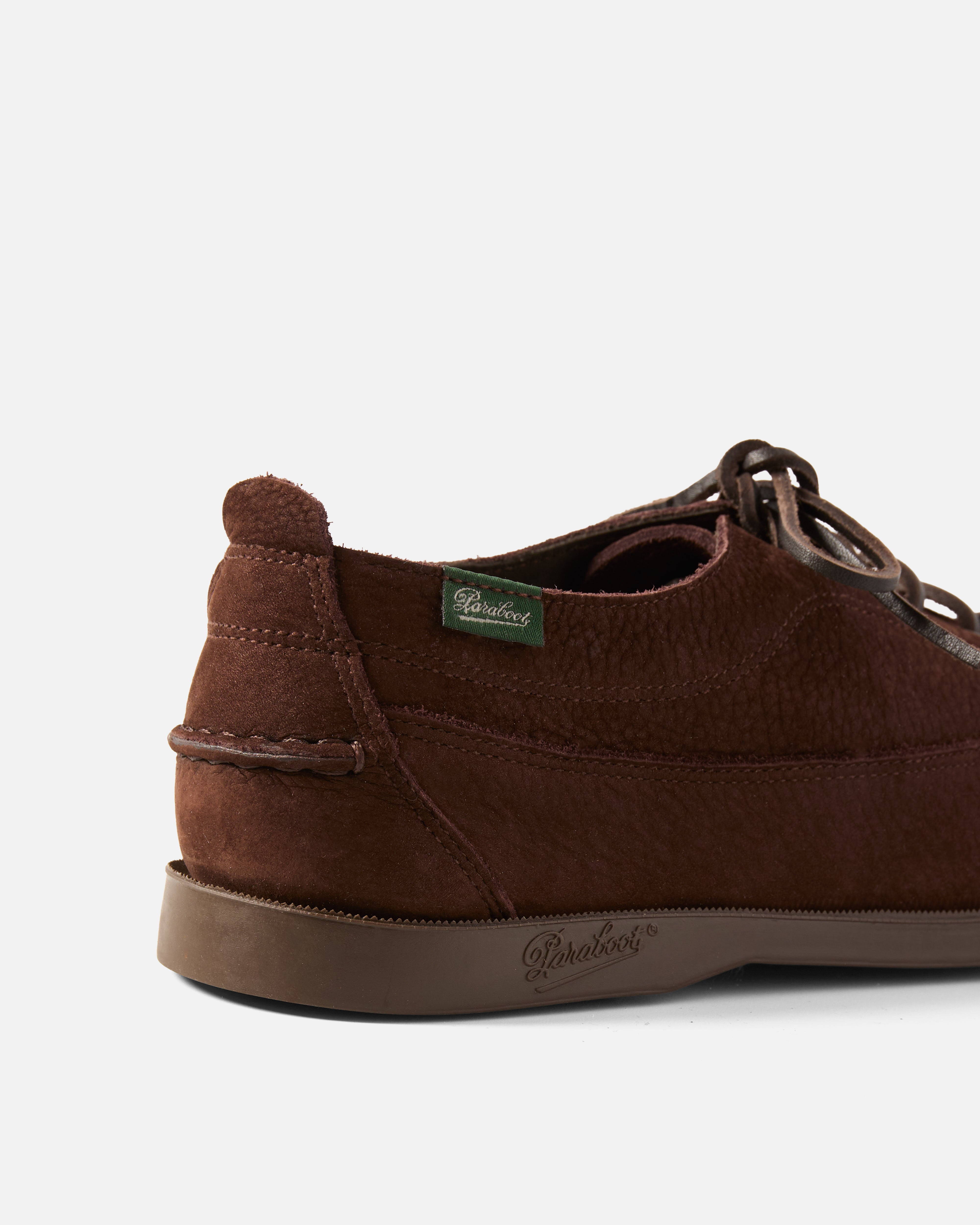 Back view of brown Paraboot Malibu leather boat shoe