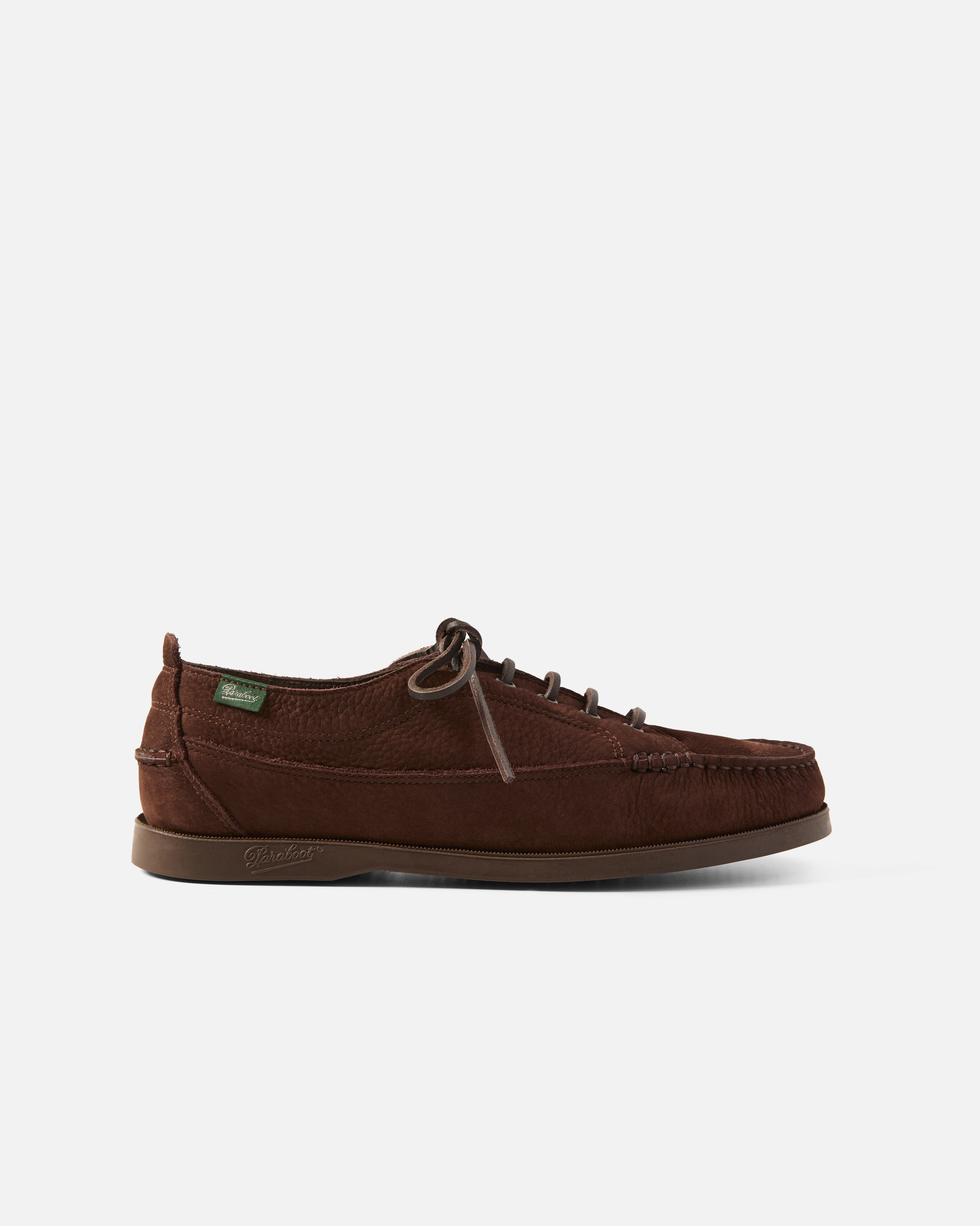 Side view of brown Paraboot Malibu nubuck leather boat shoe