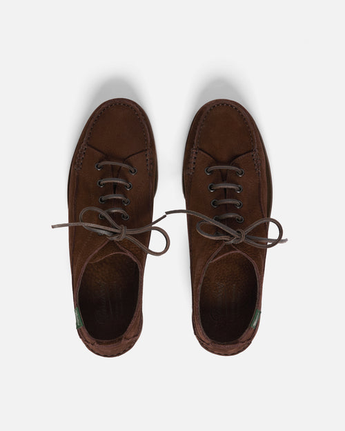 Top view of brown Paraboot Malibu nubuck boat shoe showing lacing