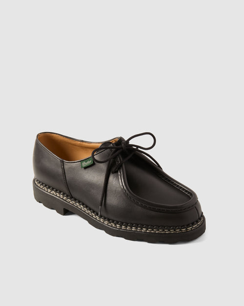 Angled view of black Paraboot Michael lisse leather derby shoe