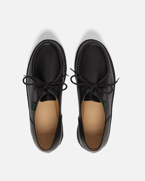 Top view of black Paraboot Michael derby shoe showing lacing and moc toe