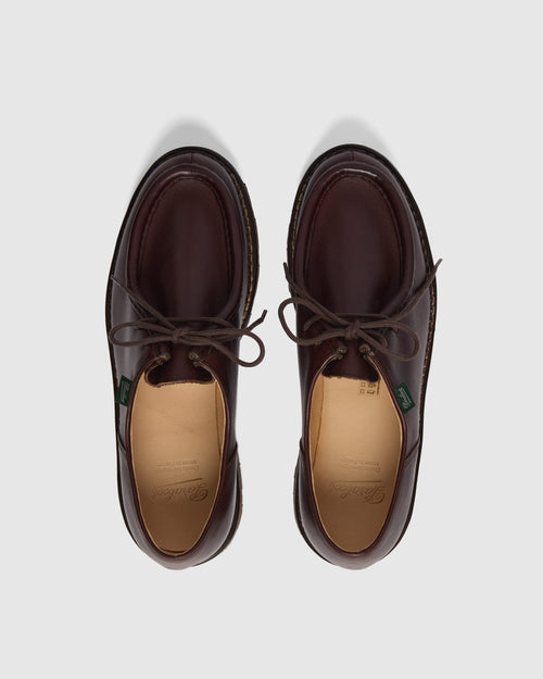Top view of brown Paraboot Michael derby shoe showing lacing and moc toe