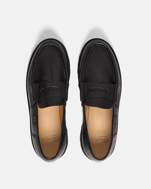Top view of black Paraboot Reims loafer showing saddle strap