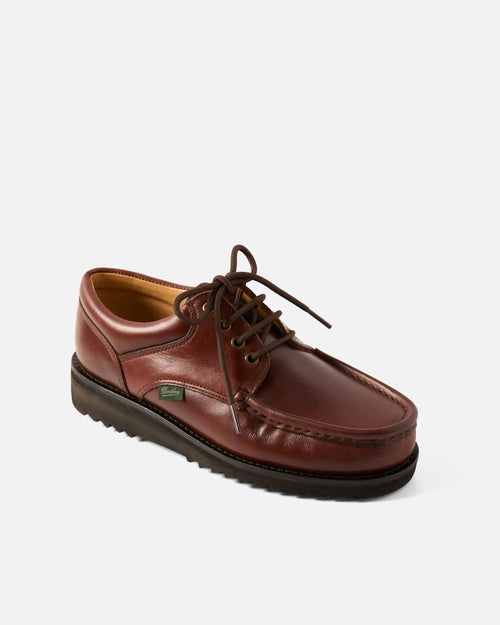 Angled view of brown Paraboot Thiers lisse leather derby shoe