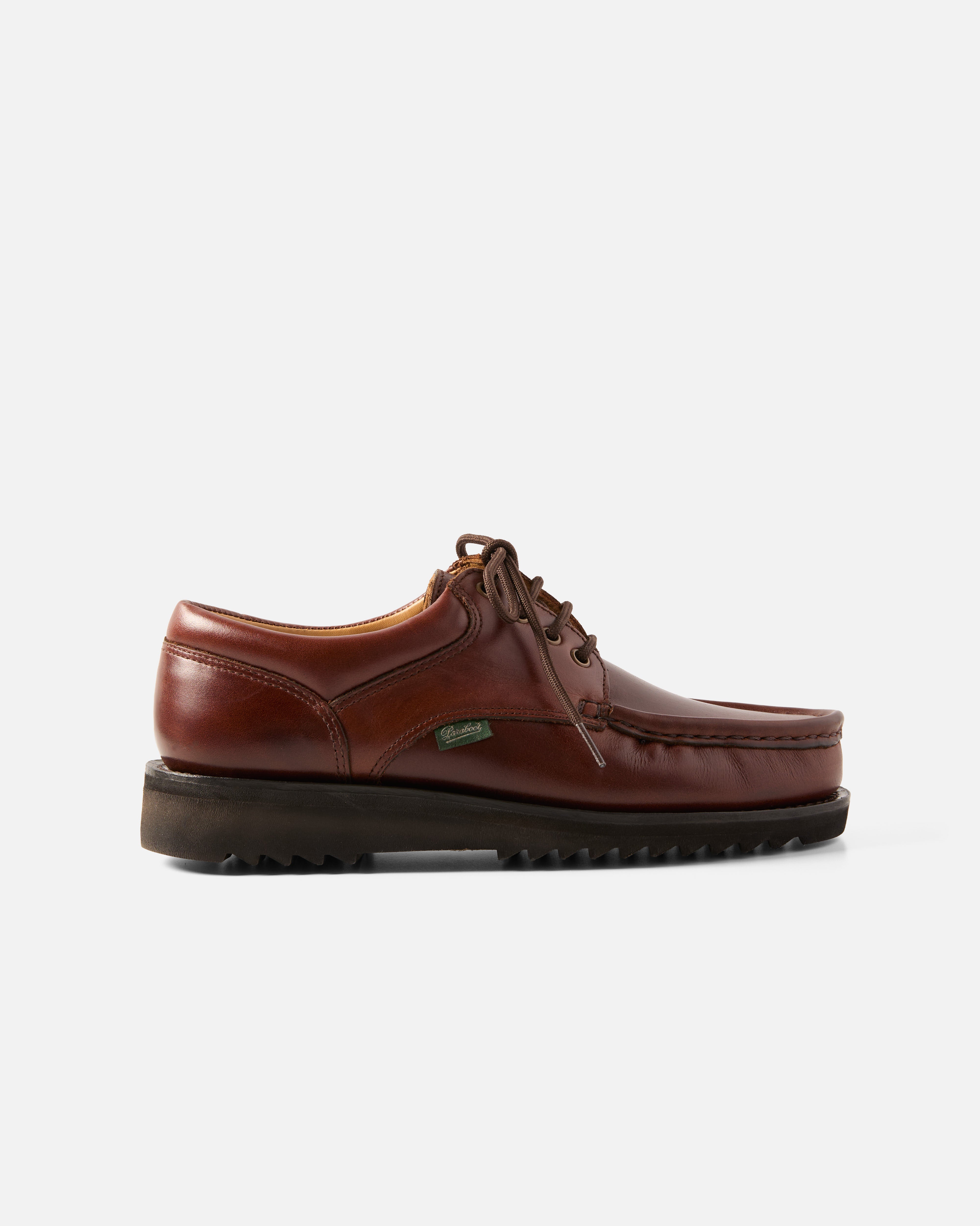 Side view of brown Paraboot Thiers leather derby shoe