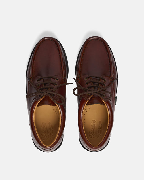 Top view of brown Paraboot Thiers derby shoe showing lacing and piped seam