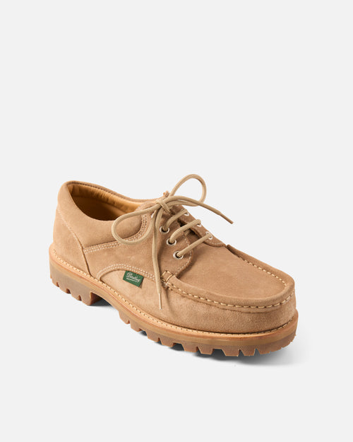 Angled view of brown Paraboot Thiers velours suede derby shoe